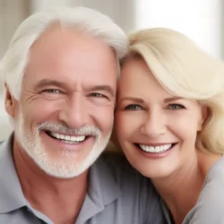 a smiling senior couple smiling after successful dental implants.