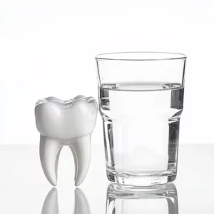 glass of water next to a tooth on a white background.