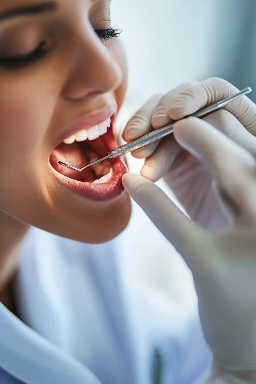 patient having gums examined during dental exam.