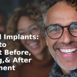 group of diverse patients with dental implants smiling and showing the title of the article.