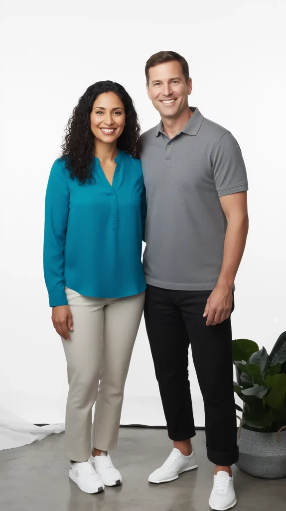 a couple smiling with their healthy gums and dental implants. Healthy smiles all around.