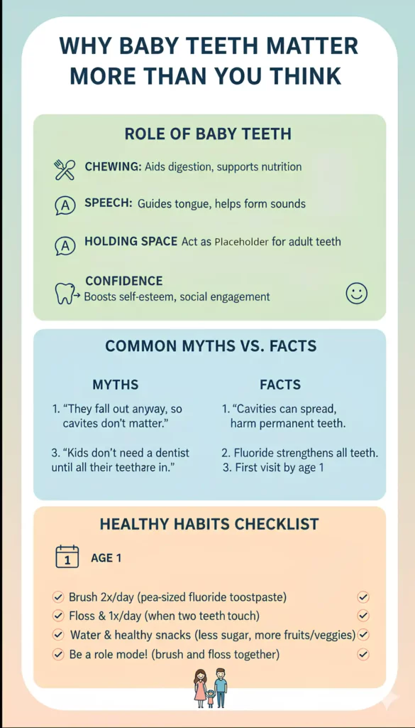 infographic of why baby teeth matter more than most parents think. Myths vs facts of pediatric dental care.
