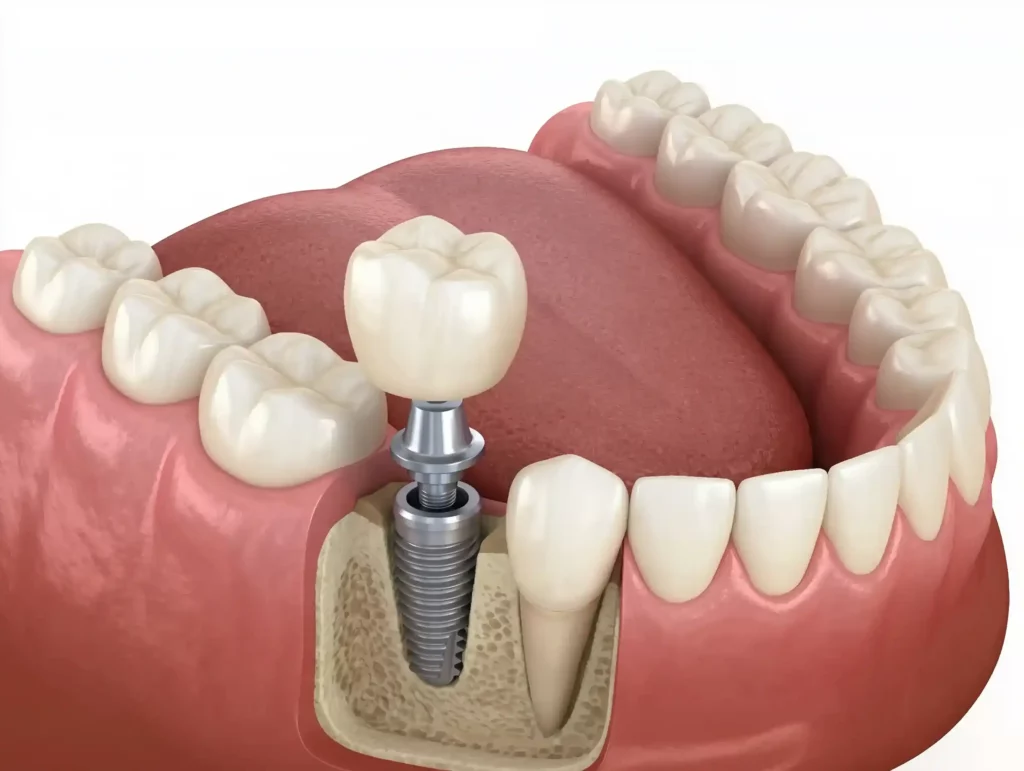 A dental implant is placed in the jawbone, replacing the root and supporting a crown, which prevents bone loss and teeth shifting.