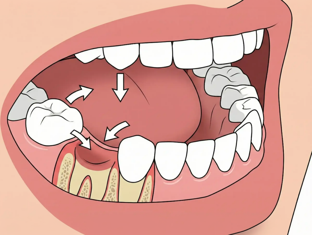 A diagram showing how adjacent teeth can tilt and shift into the gap left by a missing tooth.