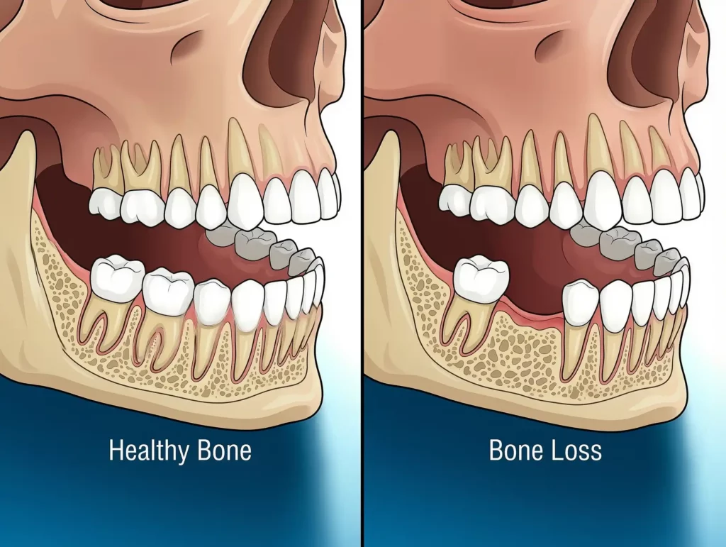 A comparison showing how the jawbone shrinks (resorbs) in the area where a tooth is missing.