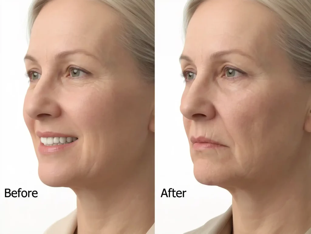 A before-and-after comparison illustrating how long-term tooth loss and subsequent bone loss can lead to changes in facial structure, such as sunken cheeks and a prematurely aged appearance.