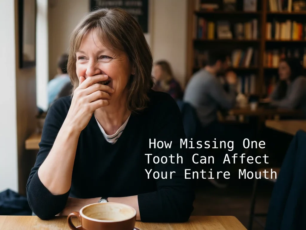 woman covering her mouth due to shifting teeth and smile from a missing tooth.