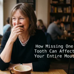 woman covering her mouth due to shifting teeth and smile from a missing tooth.
