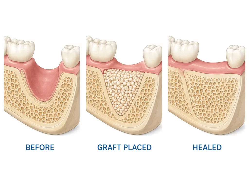  Illustration of dental bone grafting procedure showing graft material placed in deficient jawbone area before implant placement