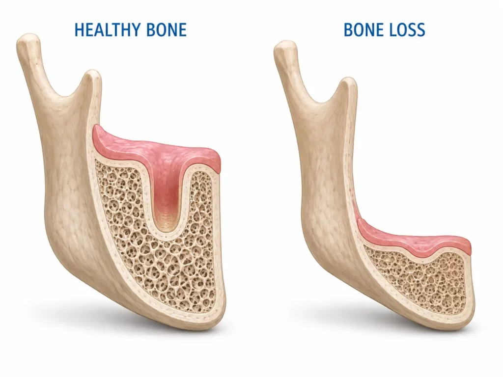 CBCT 3D scan visualization showing vertical and horizontal bone loss in the jawbone for dental implant planning