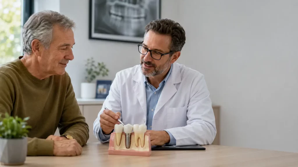 Patient discussing dental implant lifespan with dentist at Christopher J. Manduzzi, DDS, PC in Utica, Michigan