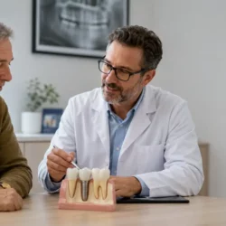 Patient discussing dental implant lifespan with dentist at Christopher J. Manduzzi, DDS, PC in Utica, Michigan