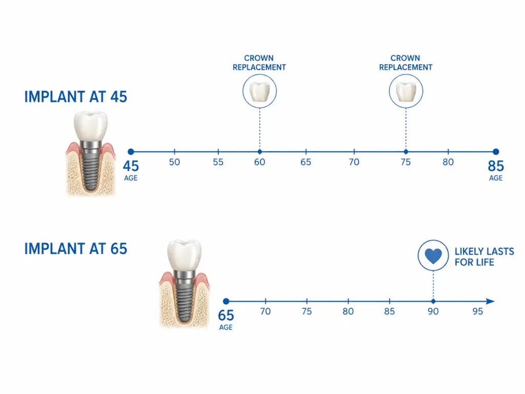 Timeline diagram comparing dental implant lifespan planning for patients at different ages