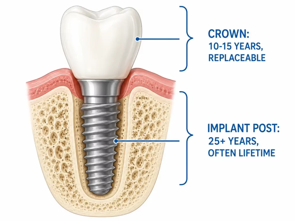 Diagram showing dental implant post and crown as separate components with different lifespans