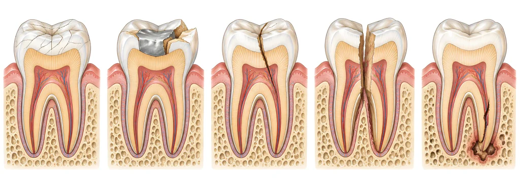 Cross-section diagram comparing five tooth fracture types, from harmless craze lines and a fractured cusp through a cracked tooth, a split tooth, and a vertical root fracture.