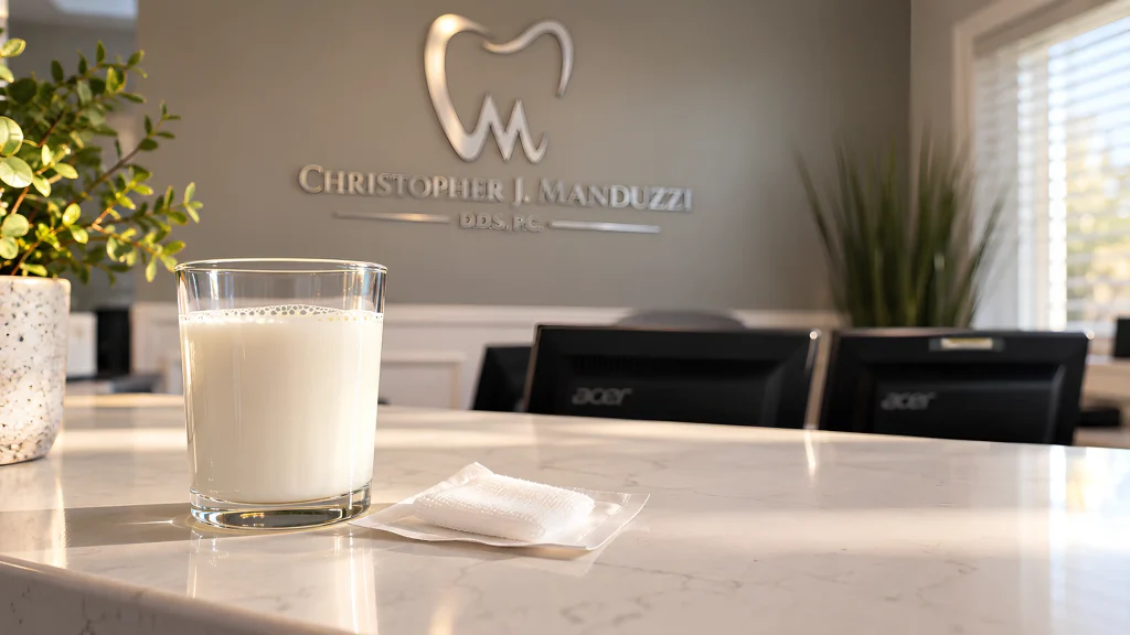 Early morning light in a historic-home dental office reception area with gauze and a glass of milk on the counter, the first-hour supplies for a dental emergency.