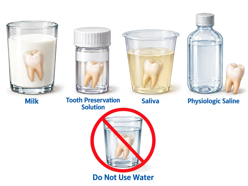 Four equally weighted storage options for a knocked-out tooth shown side by side, milk, a tooth preservation solution, saliva in a cup, and sterile saline, with plain tap water crossed out below as a last resort.