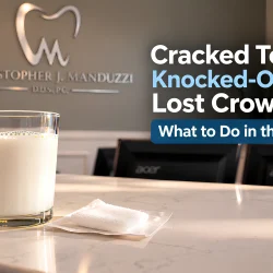 Early morning light in a historic-home dental office reception area with gauze and a glass of milk on the counter, the first-hour supplies for a dental emergency.